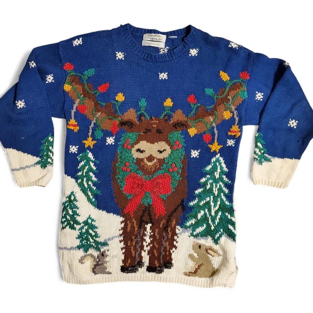 Signature by Northern Isles Vintage Hand Knit Reindeer Christmas Sweater